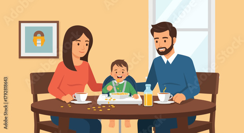 A charming flat design illustration depicting a young family's morning breakfast, capturing the lively and sometimes messy reality of eating with a toddler, full of joy and parental affection.