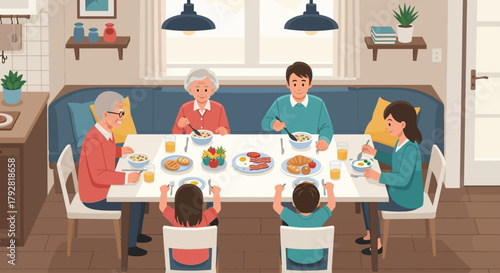 This heartwarming flat design illustration depicts a multi-generational family enjoying a leisurely weekend breakfast together, symbolizing unity, tradition, and shared moments.
