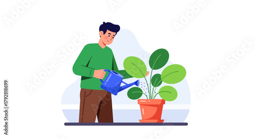 A minimalist flat design illustration depicts a man carefully watering a small potted plant with a watering can. This clean vector art emphasizes the simple act of plant care and urban gardening.