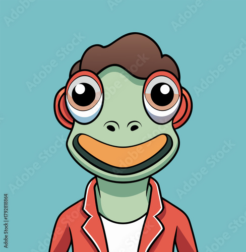 A colorful cartoon illustration of a friendly green alien character with big, wide eyes, wearing a red blazer and a white shirt on a blue background. Perfect for children's book illustrations, animate
