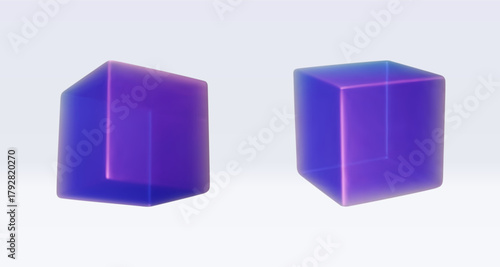 Set 3d iridescent hologram cube, square, parallelepiped. Render geometry figure in purple, pink, blue colors. Vector illustration isolated on white for design projects, presentation, adv
