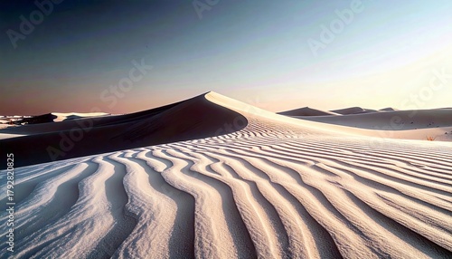 Fototapeta Naklejka Na Ścianę i Meble -  Vast desert landscape with undulating sand dunes sculpted by the wind, featuring intricate ripple patterns on the foreground sand under a clear, gradient sky.