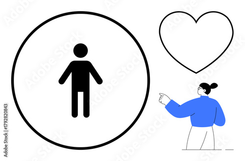 Black figure inside round border, oversized outlined heart, person pointing. Ideal for wellness, care, personal growth, emotion, mindfulness communication relationships. Simple flat metaphor