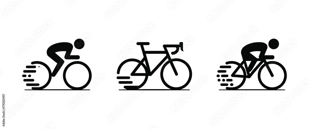Obraz premium Racing Cyclist Vector Icon Set. Dynamic Motion Bike and Rider Symbols for Sports App and Fitness Branding.