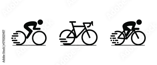 Racing Cyclist Vector Icon Set. Dynamic Motion Bike and Rider Symbols for Sports App and Fitness Branding.