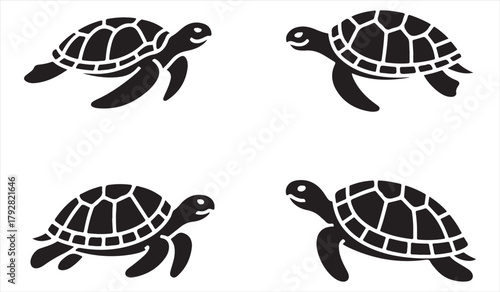 Silhouette set of turtles with detailed shells in various swimming poses