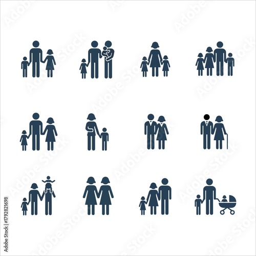 Family icon collection showing various family types including parents, children, couples, pregnant women, elderly people, and same sex couples in simple silhouette style