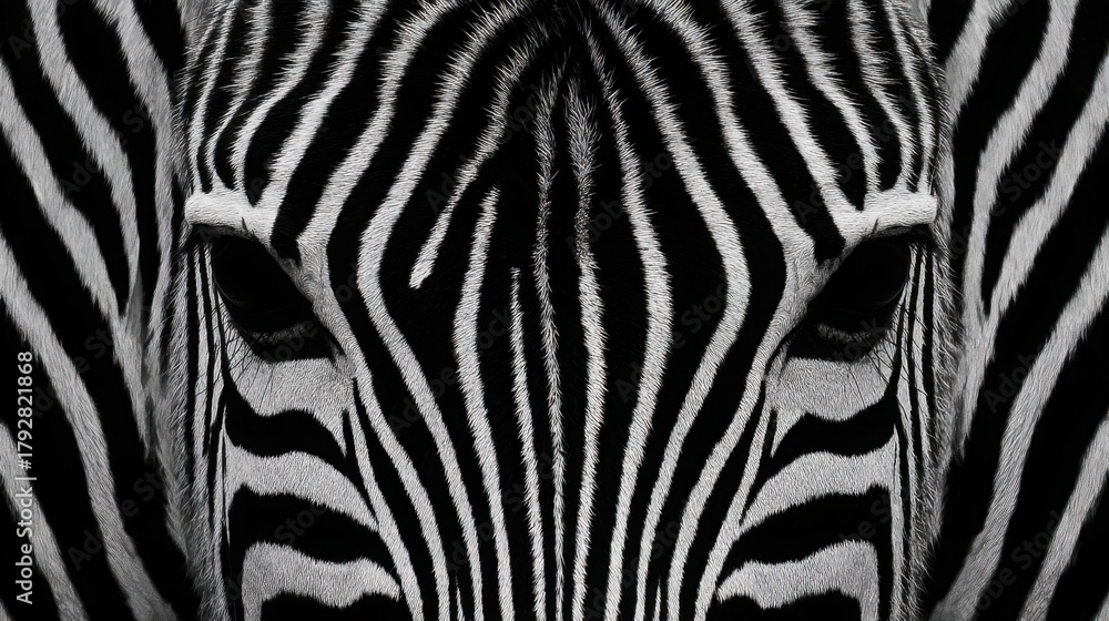 Fototapeta premium Symmetrical zebra skin pattern, crisp black and white stripes, flat and evenly lit, artistic contrast background