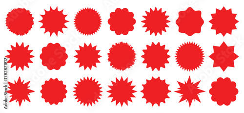 Red sticker set - collection of special offer sale round and oval sunburst labels. Red shapes and starburst designs. starburst, sunburst, stamp, seal, label or burst, badge, sticker. Vector EPS10.