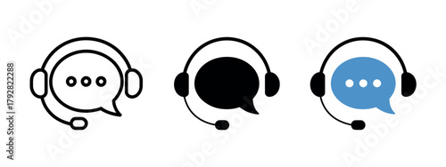 Customer service icon, support agent headset with speech bubble, call center symbol