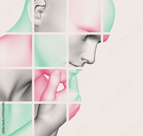 Time to think. Abstract digital human head. The man rests his chin on his fist. 3d vector illustration for business presentation, flyer or poster.