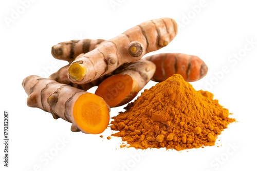 Fototapeta Naklejka Na Ścianę i Meble -  Fresh turmeric roots and powder, showcasing the vibrant spice  . Isolated on transparent background, png