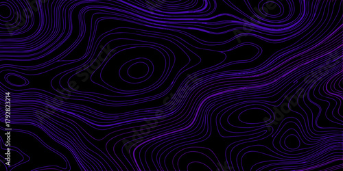 Abstract topographic map lines in vibrant purple on a dark black background
