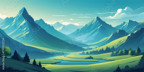 Stylized nature illustration featuring cool mountains, warm sunlight, and a winding river, ideal for outdoor artwork, travel branding, and scenic digital compositions.
