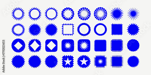 Collection of blue starburst and geometric shapes on a white background
