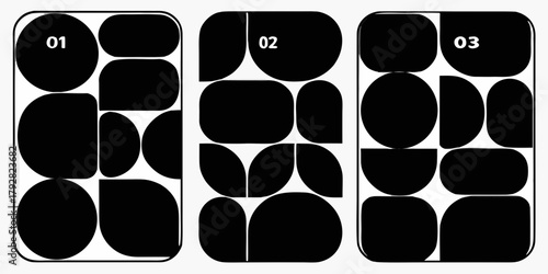 Three vertical panels featuring abstract geometric shapes and numbers one two and three