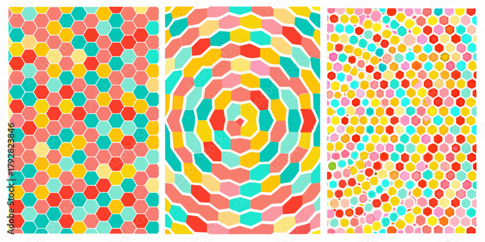 Fototapeta premium Three vibrant geometric abstract backgrounds featuring colorful hexagon patterns and a swirling design