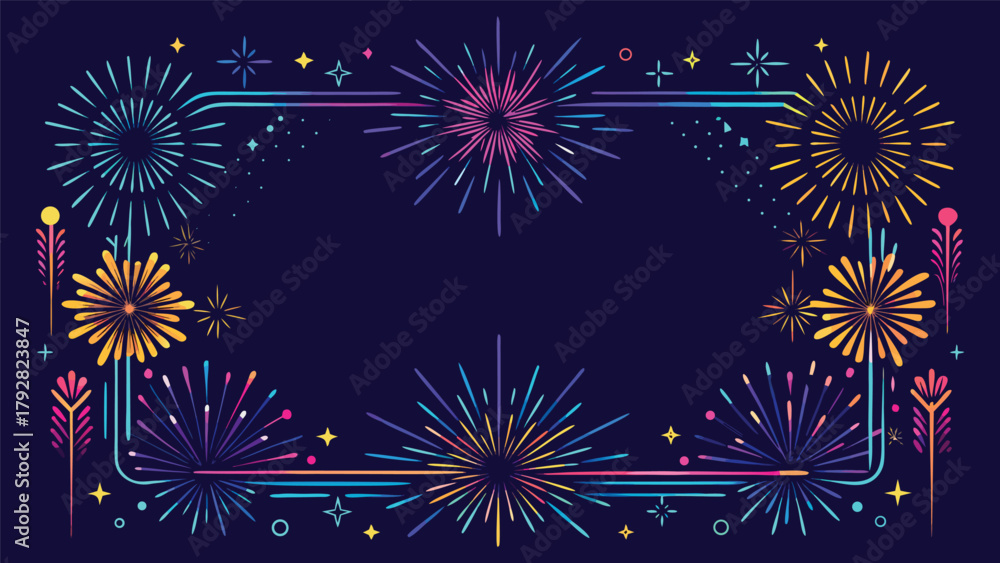 Fototapeta premium Fireworks border with glowing trails, neon colors, high detail vector icon.