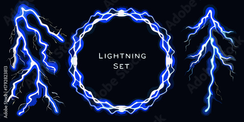 Collection of stylized blue and white lightning bolts and a circular lightning frame on a black background