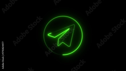 Glowing neon green telegram icon animation,Neon telegram Paper Plane Motion,
Paper Plane glowing neon sign appear in center and disappear after some time video motion black background.