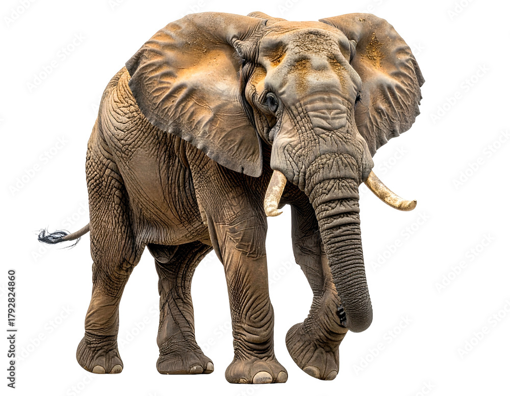 Fototapeta premium Large African elephant with prominent tusks walks forward