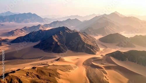 Fototapeta Naklejka Na Ścianę i Meble -  A vast desert landscape unfolds with dramatic, layered mountains and undulating sand dunes bathed in warm, diffused light.