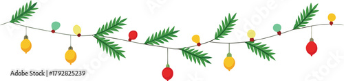 Adobe Illustrator Artwork  Christmas garlands and fir branches. Christmas decoration with pine cones, holly berries, glowing lights, ribbons. For holiday banners, cards, party posters. Transparent bac