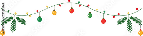 Adobe Illustrator Artwork  Christmas garlands and fir branches. Christmas decoration with pine cones, holly berries, glowing lights, ribbons. For holiday banners, cards, party posters. Transparent bac