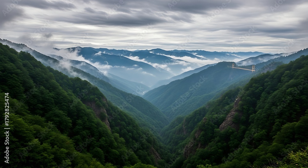 Fototapeta premium Misty mountain valley with dramatic clouds