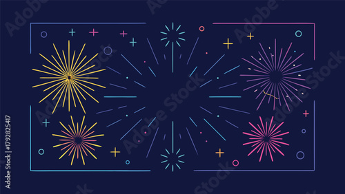 Minimalist New Year fireworks frame, neon colors, vector style, isolated.