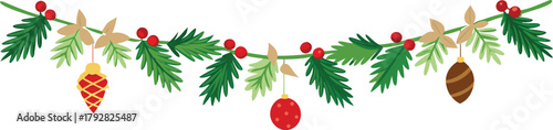 Adobe Illustrator Artwork  Christmas garlands and fir branches. Christmas decoration with pine cones, holly berries, glowing lights, ribbons. For holiday banners, cards, party posters. Transparent bac