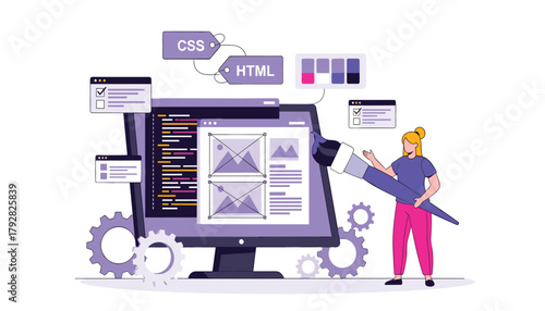 Front-End Web Development and UI/UX Design: Flat Design Vector Illustration of a Female Coder or Designer Working on HTML, CSS, and Wireframes with Creative Tools 