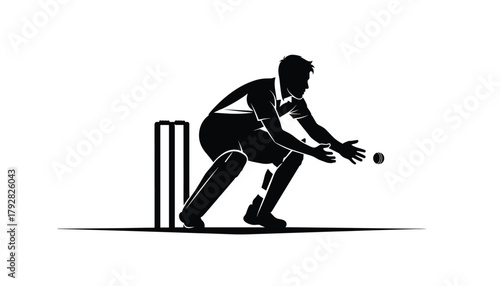 Cricket Wicketkeeper / Fielder Crouched for a Catch: Silhouette Vector Illustration of a Player Anticipating the Ball Near the Stumps, Highlighting Defensive Action 