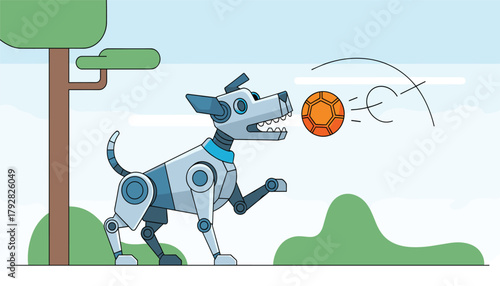 Robot Dog Playing with a Ball in a Park: Flat Design Vector Illustration of Futuristic Pet, AI Companion, and Outdoor Recreation 