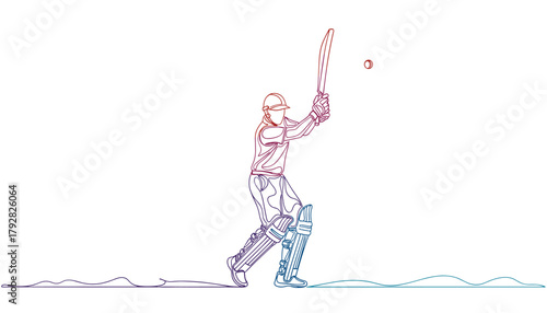 Cricket Batsman Playing a Defensive Shot: Detailed Line Art Vector Illustration of a Player Blocking a Ball with Fielders and Wicketkeeper 