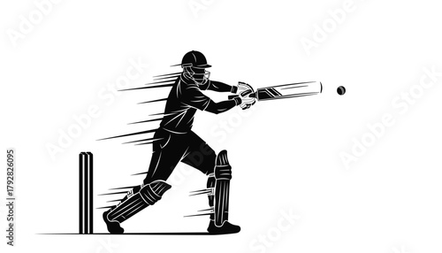 Cricket Bowler in Run-up Stride Silhouette: Dynamic Action with Speed Trails, High-Energy Sports Vector Illustration of Fast Bowling 