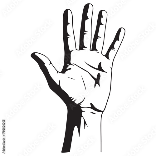 Human Hand with Open Palm Gesture Black and White Illustration