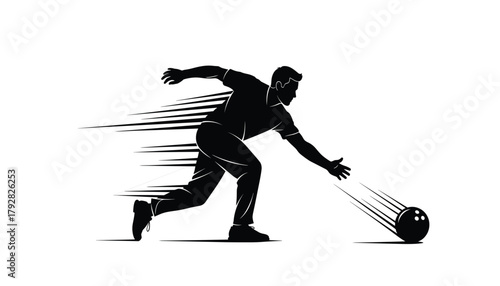 Bowling Player Mid-Delivery Silhouette: Dynamic Action with Speed and Motion Blur, Black and White Sports Vector Illustration 