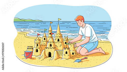 Summer Holiday Fun and Creative Play: Vector Art Depicting a Man Focused on Building a Detailed Castle by the Ocean 