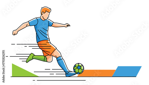 Professional Soccer Player Kicking the Ball: Dynamic Action with Motion Lines, Vibrant Blue and Orange Sports Vector Illustration 