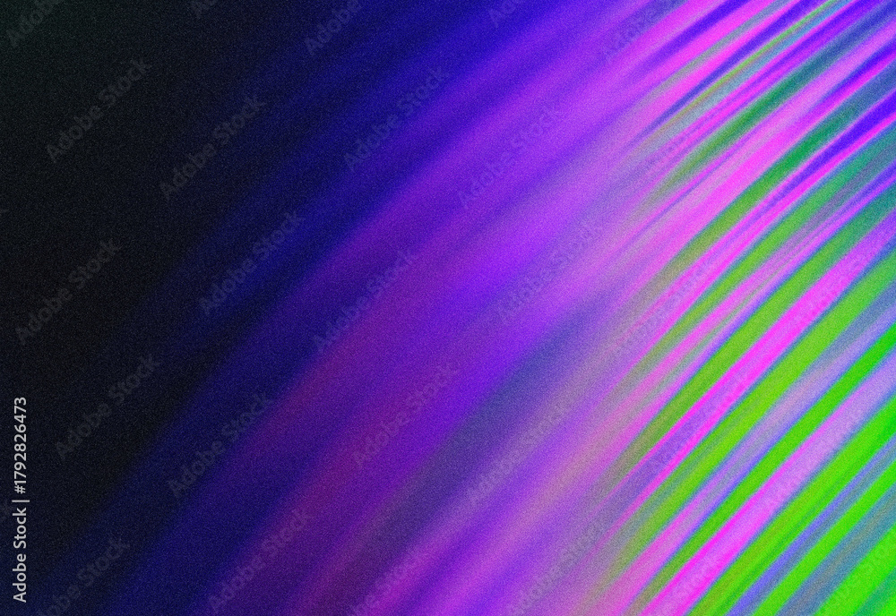 Fototapeta premium Abstract neon gradient background with diagonal purple, blue, and lime green stripes, grain texture, offering a futuristic tech-inspired design for digital art and branding projects