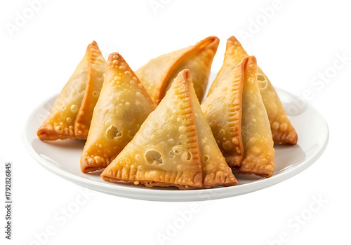 Plate of golden brown crispy samosas served on a white dish isolated on transparent background