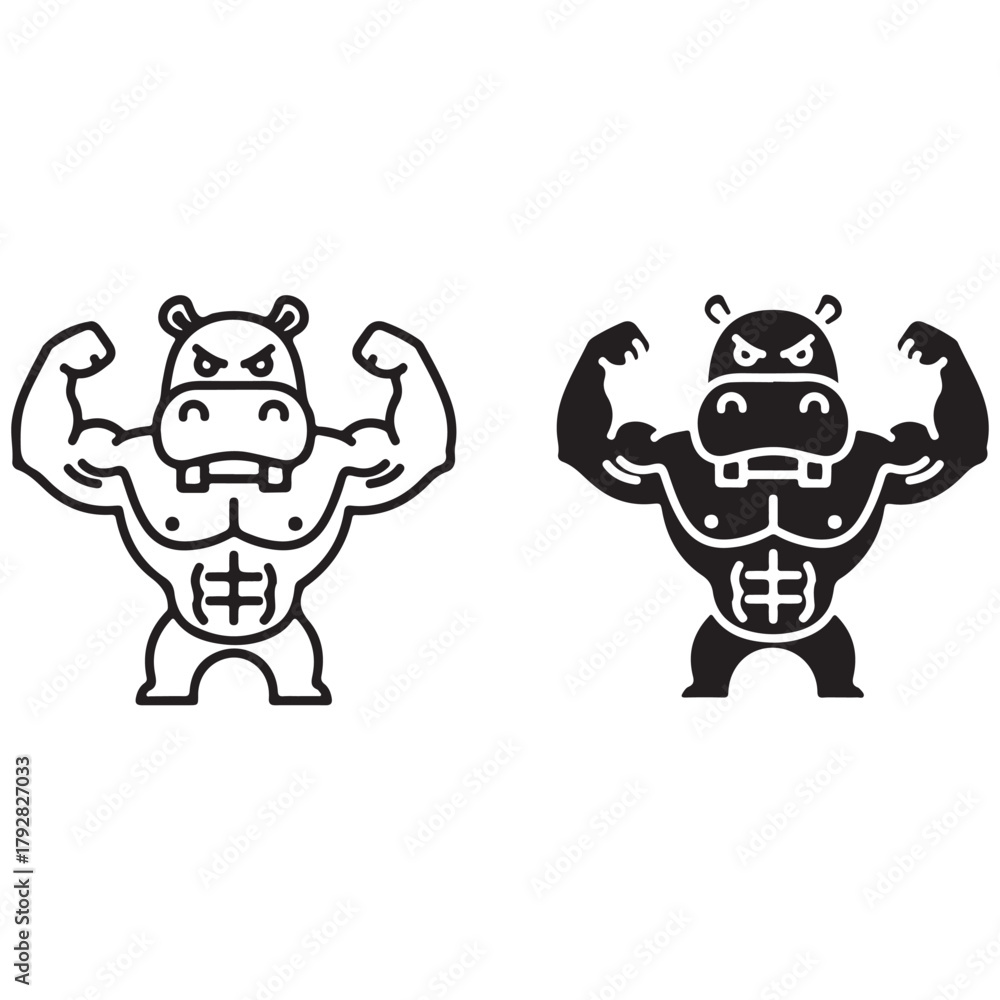 Fototapeta premium Muscular Cartoon Hippopotamus Flexing Biceps