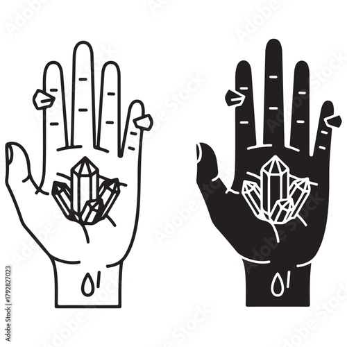 Hand Holding Crystals Icon Set, Line Art and Silhouette