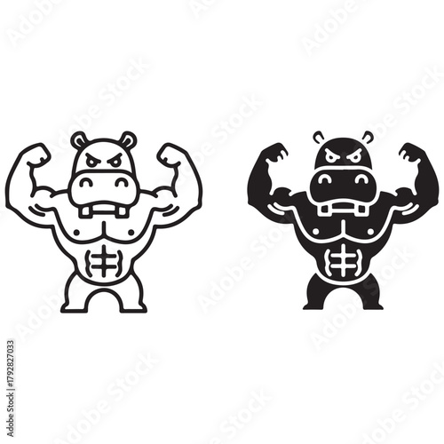 Muscular Cartoon Hippopotamus Flexing Biceps