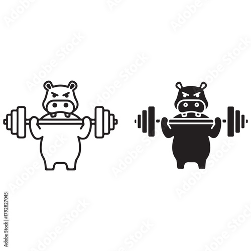 Muscular Hippo Lifting Barbell, Silhouette and Outline Style