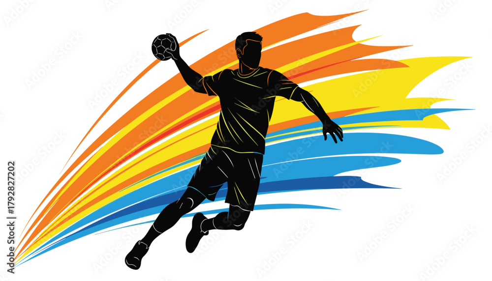 Fototapeta premium Handball Player Mid-Shot Silhouette: Dynamic Action with Vibrant Orange, Yellow, and Blue Speed Streaks, High-Energy Sports Vector Illustration 