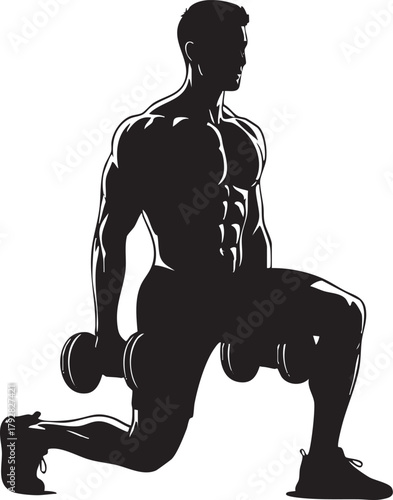 Muscular Man Performing Dumbbell Lunge Exercise - Fitness Workout Silhouette Vector