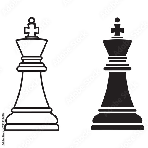 Chess King Icons: Outline and Silhouette Vector Illustrations