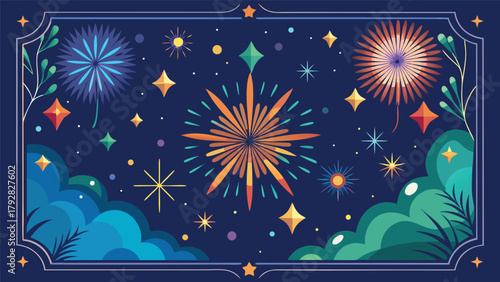 Realistic night sky fireworks frame, stars and sparks, vector New Year decoration.